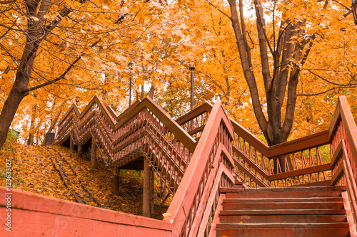 Fototapeta Naklejka Na Ścianę i Meble -  Wooden stairs with leaves in the autumn forest