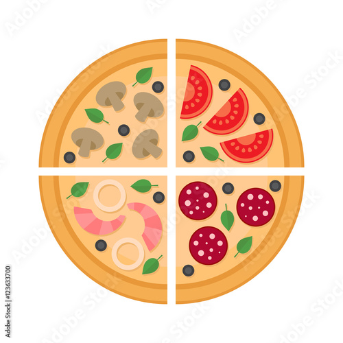 Pizza slice. Pepperoni, mushroom, seafood, vegetarian. Flat style.