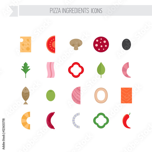 Pizza ingredients flat icon set.