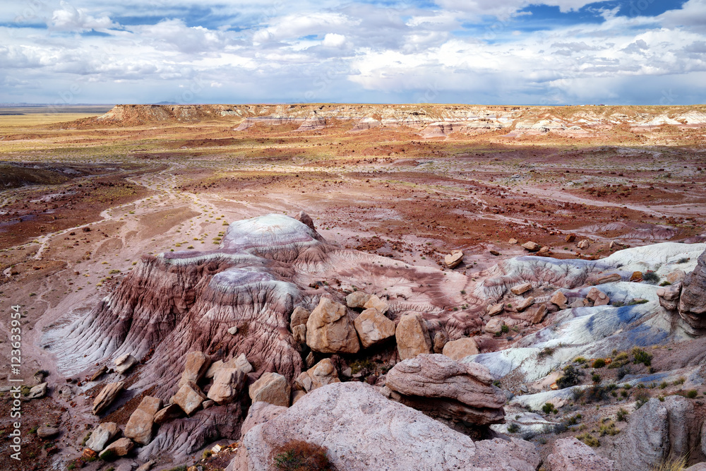 Striped purple sandstone formations of Blue Mesa badlands in Petrified Forest National Park