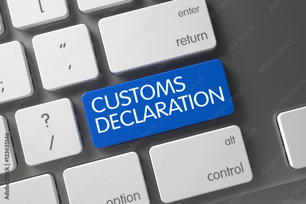 Blue Customs Declaration Key on Keyboard. 3D. - obrazy, fototapety, plakaty 