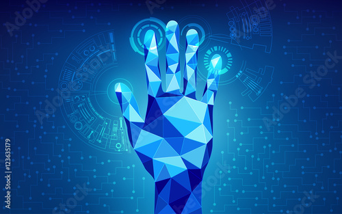 low poly hand touching interface; scientific analysis; futuristic background; abstract technology backdrop; blue digital theme; polygon hand in technological looks