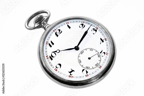 Old swiss pocket watch perspective left isolated on white background