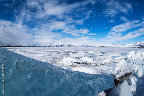 panoramic view of Jokulsarlon Glacier Lagoon at wintertime, iceland