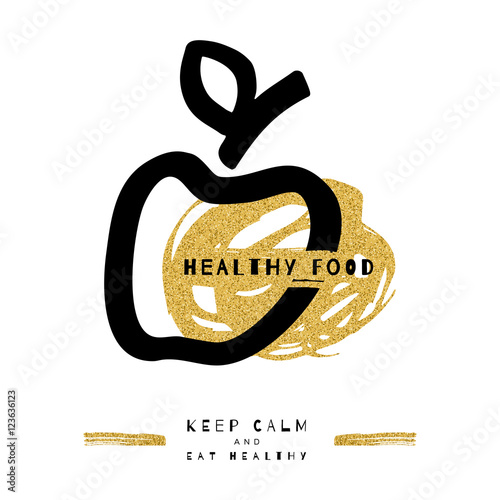 Artistic apple symbol, Healthy food concept. Hand-drawn black marker apple, Gold brush strokes. Trendy icon, card, flyer. Ultra modern graphic design, Unusual artwork, Vector illustration