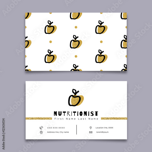 Nutritionist business card, dietitian, Modern hipster minimal design. Vector graphics marker hand drawn, Trendy symbol apple, Gold and black elements on a white background, Unusual artwork