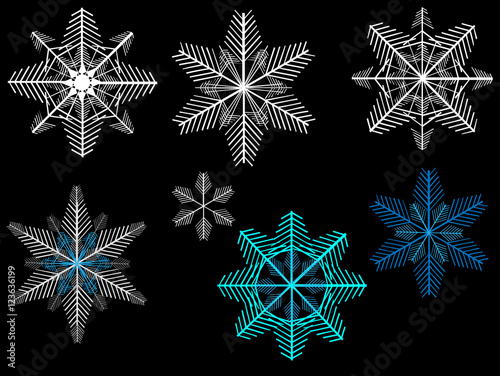 seven snowflakes collection isolated on black