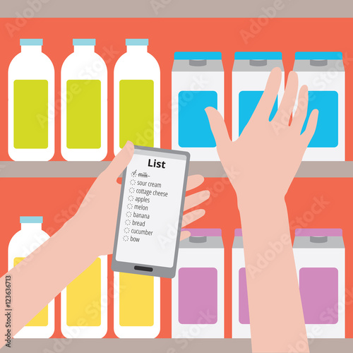 Flat design vector illustration. Supermarket. Man is holding a phone with a shopping list on a background of bottles, the other hand takes the product off the shelf