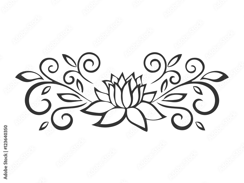 Lotus sketch. Plant motif. Flower design elements. Vector illustration. Elegant flower outline design. Gray symbol isolated on white background. Abstract leave. Good for design, logo or decoration
