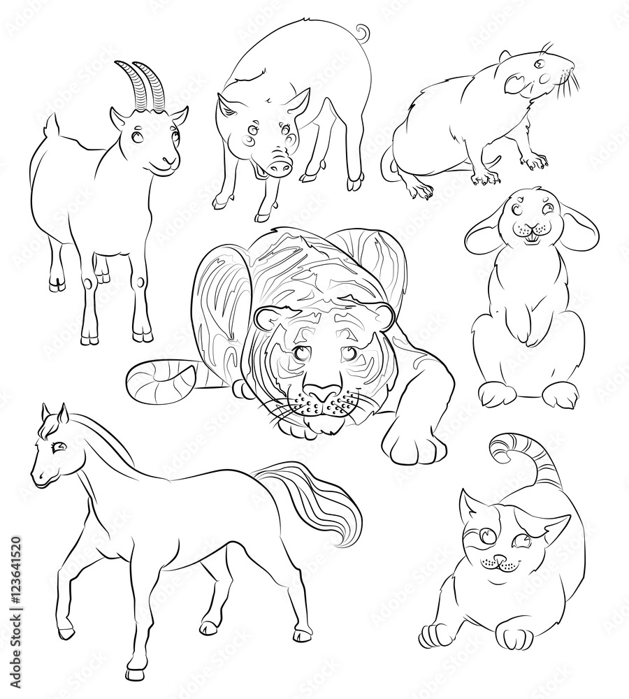 cat, goat rat, rabbit, tiger, horse and pig
