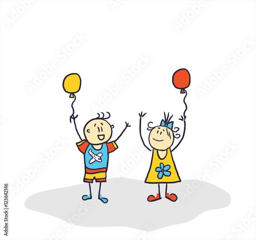  hand drawing  funny kids with balloons