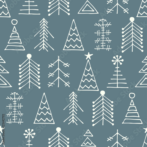 Seamless vector pattern with christmas tree. Blue winter background with decorative hand drawn fir tree. Graphic illustration. Series of winter seamless vector patterns.