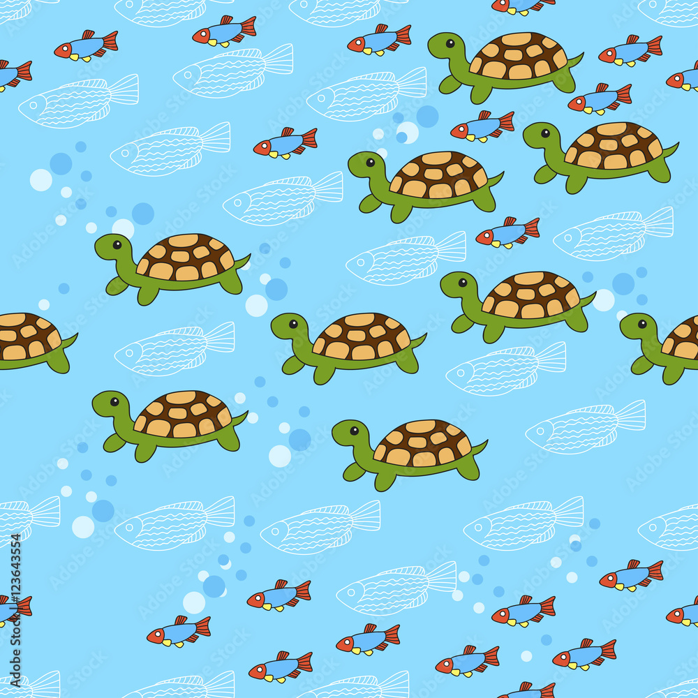 Fototapeta premium Sea pattern with fish on a blue background. Green turtle. 