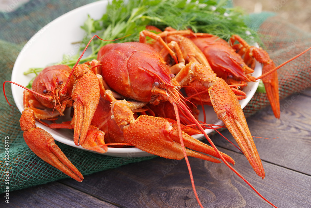 Boiled crayfish in a plate with parsley greens on a wooden background Boiled crayfish in a plate with parsley greens on a wooden background