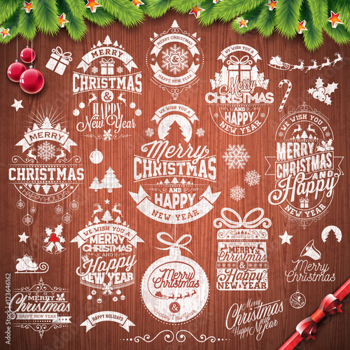Vector Merry Christmas Holidays and Happy New Year illustration with typographic design set on vintage wood texture background