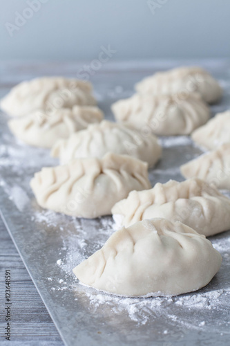 Hand shaped Chinese dumplings on a flour dusted tray.Selective focus 