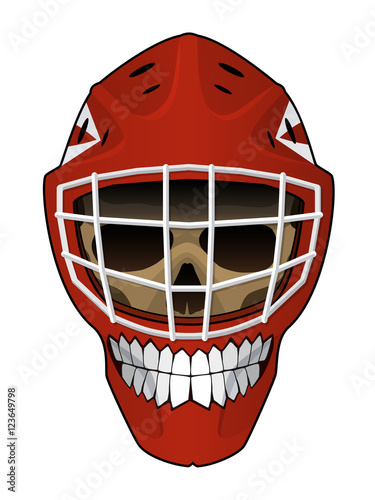 Vector illustration. Hockey goalie helmet with a toothy smile and evil scull inside isolated on white background. Design element for your stickers, card, posters, emblems, web design