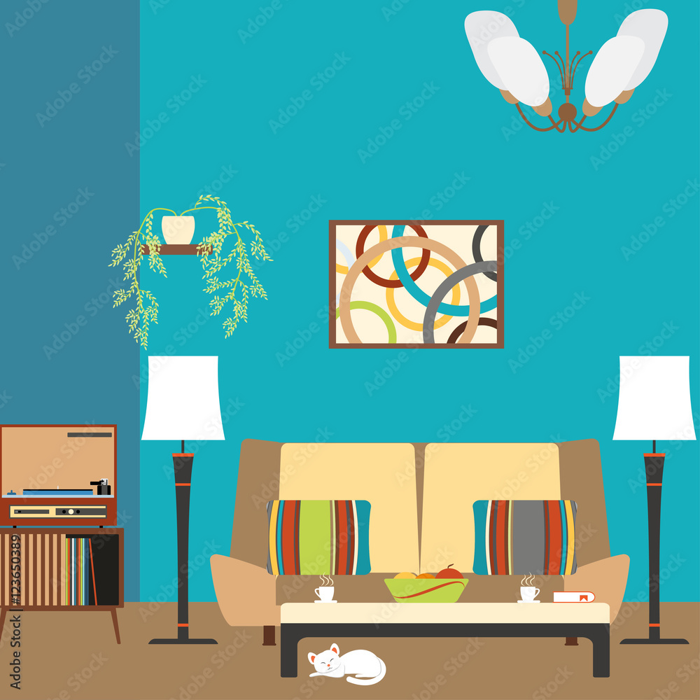Living room interior with sofa and player in the style of 70's vector ...