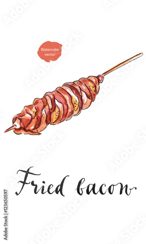 Fried bacon with sausage on wooden stick