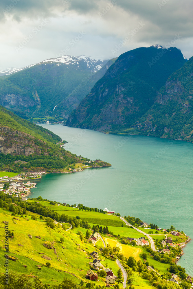 View of the fjords and Aurland valley in Norway