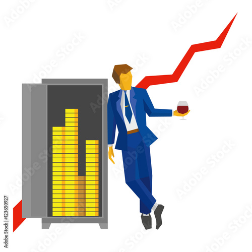 Businessman with wineglass in hand stands near the open safe with money. Growing chart at the back. Success concept - strategy, increase sales. Simple flat vector clip art on white background.
