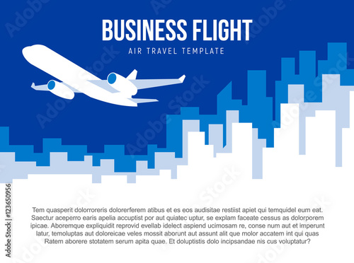 Poster vector template with plane taking off and city skyline. Banner for air travel, delivery or logistic company. Flat style illustration with place for title, slogan and text.