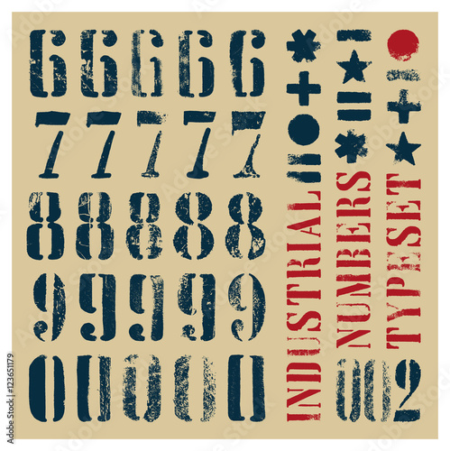 Industrial stencil grunge numbers. At least five alternatives per glyph
