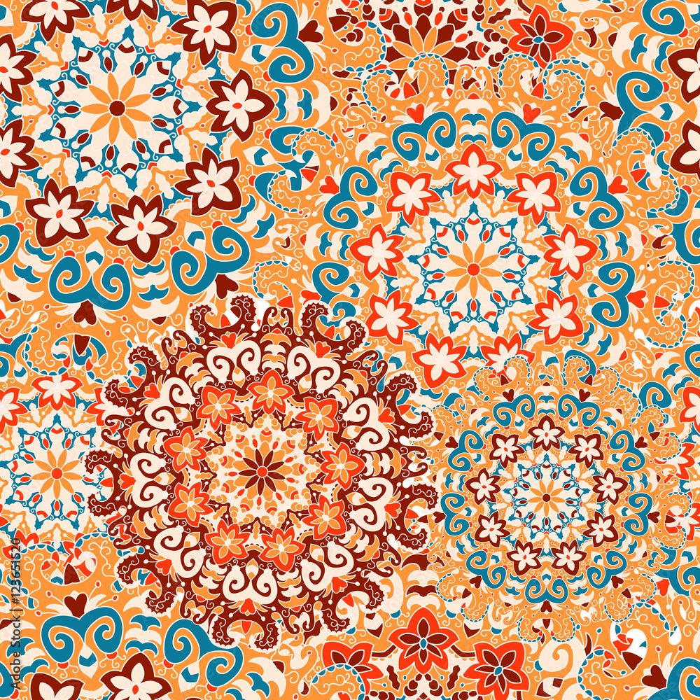 Seamless pattern with symmetrical mandalas. Ethnic texture