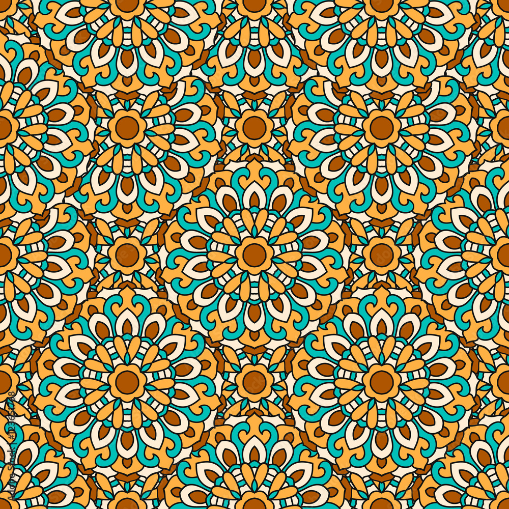 Seamless pattern with symmetrical mandalas. Ethnic texture in