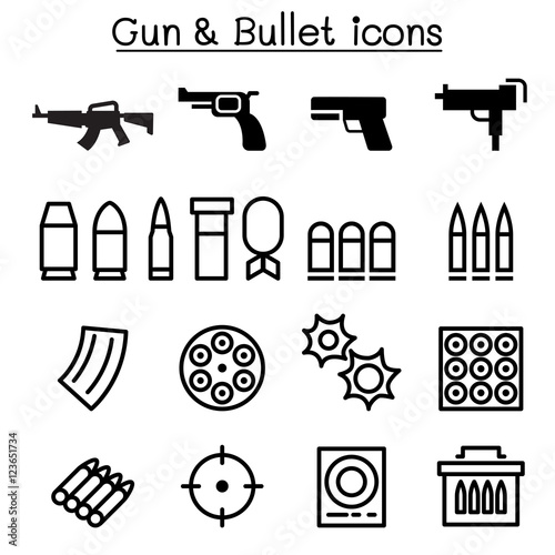 Gun & bullet icon set in thin line style