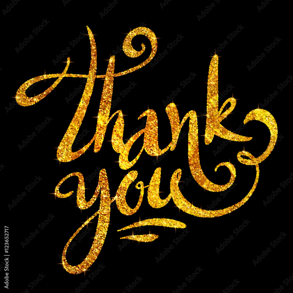 Golden glitter Thank you calligraphic vector sign on black background Stock  Vector | Adobe Stock