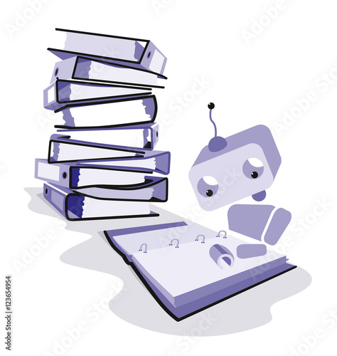 A Robot reading documents isolated on a white background. Concept of office supply, information classification, digitalization.