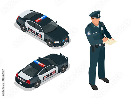 Isometric Police officer and police car with siren light blinking. Police officer in uniform. Modern police car. Policeman writing speeding ticket for a driver.
