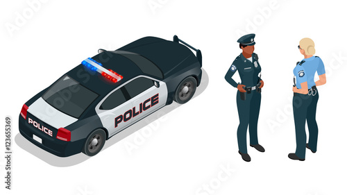 Police officer and police car with siren light blinking. Police officer in uniform, modern police car, police woman writing fine, police badge, police lights