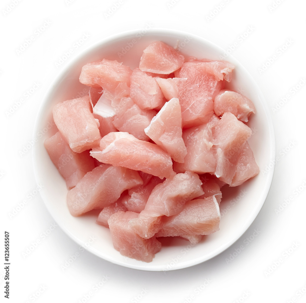 Raw cut meat chunks in bowl, from above Raw cut meat chunks in bowl, from above