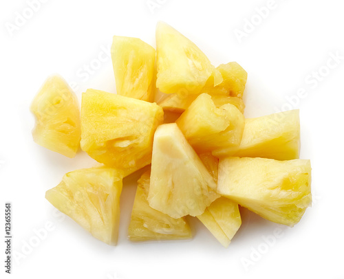 Canned pineapple chunks isolated on white, from above