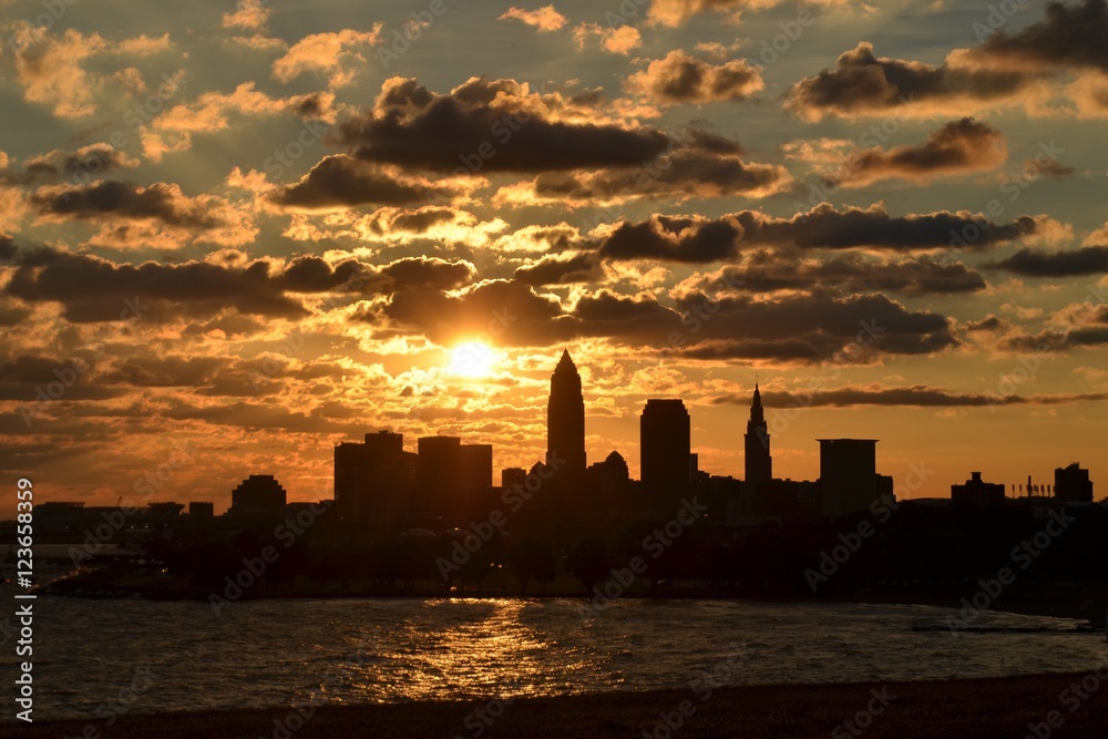 Sunrise over Cleveland skyline and lake Erie 