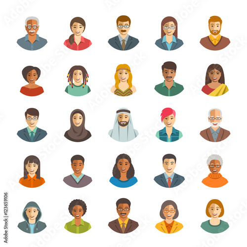 People faces avatars vector icons. Flat color portraits of happy men and women, young and senior. Caucasian, African, Asian, Arab ethnicity. Characters with different lifestyles, hairstyles, clothes