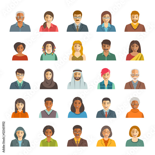 People faces avatars vector icons. Flat color portraits of happy men and women, young and senior. Caucasian, African, Asian, Arab ethnicity. Characters with different lifestyles, hairstyles, clothes