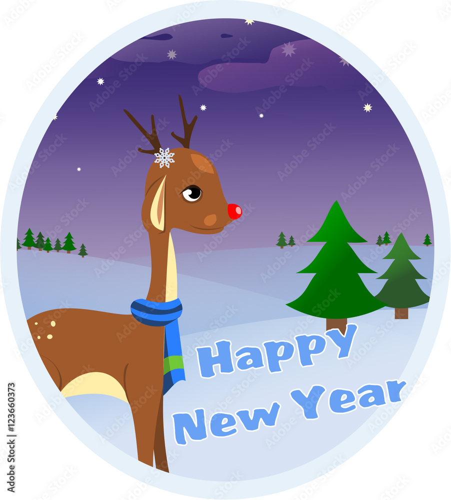 Obraz premium Greeting card with winter landscape, trees and deer. Happy New Year.