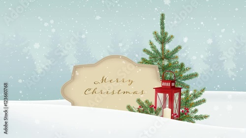 Vintage Christmas background. White winter landscape with forest, paper banner, falling snow. Festive decoration with fir Christmas tree, red lantern and berries. HD animation.