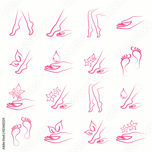body skin spa beauty foot leg hand care beauty massage salon thin line vector pink icons set 
