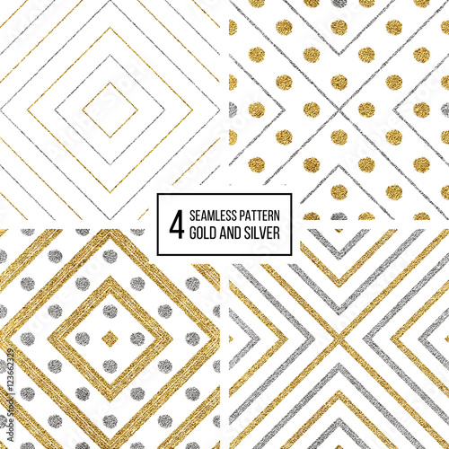 Set of geometric seamless pattern of gold silver rhombus and circle, abstract seamless background of golden and silvern stripes and points, hand drawn vector pattern for invitation, card, wedding, web