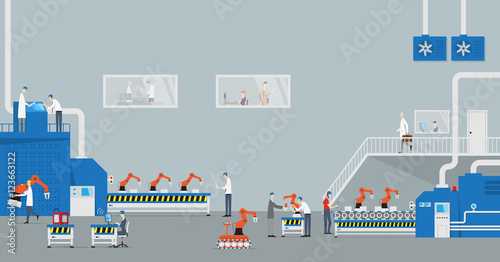 Industry 4.0 Concept. Front view of industrial production line with automated robots.