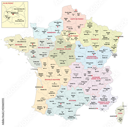 Fototapeta Mapa administracyjna 13 regionów Francji od 2016 r
