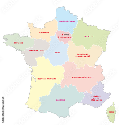 Administrative map of the 13 regions of france since 2016