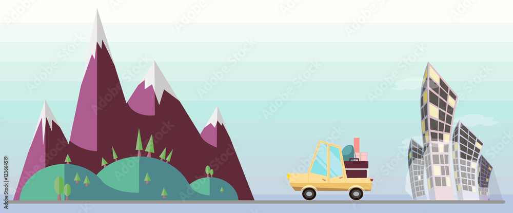 Flat vector car escape from toxic city to nature