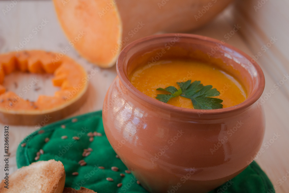 Vegetarian cream soup from a pumpkin with toasts Vegetarian cream soup from a pumpkin with toasts
