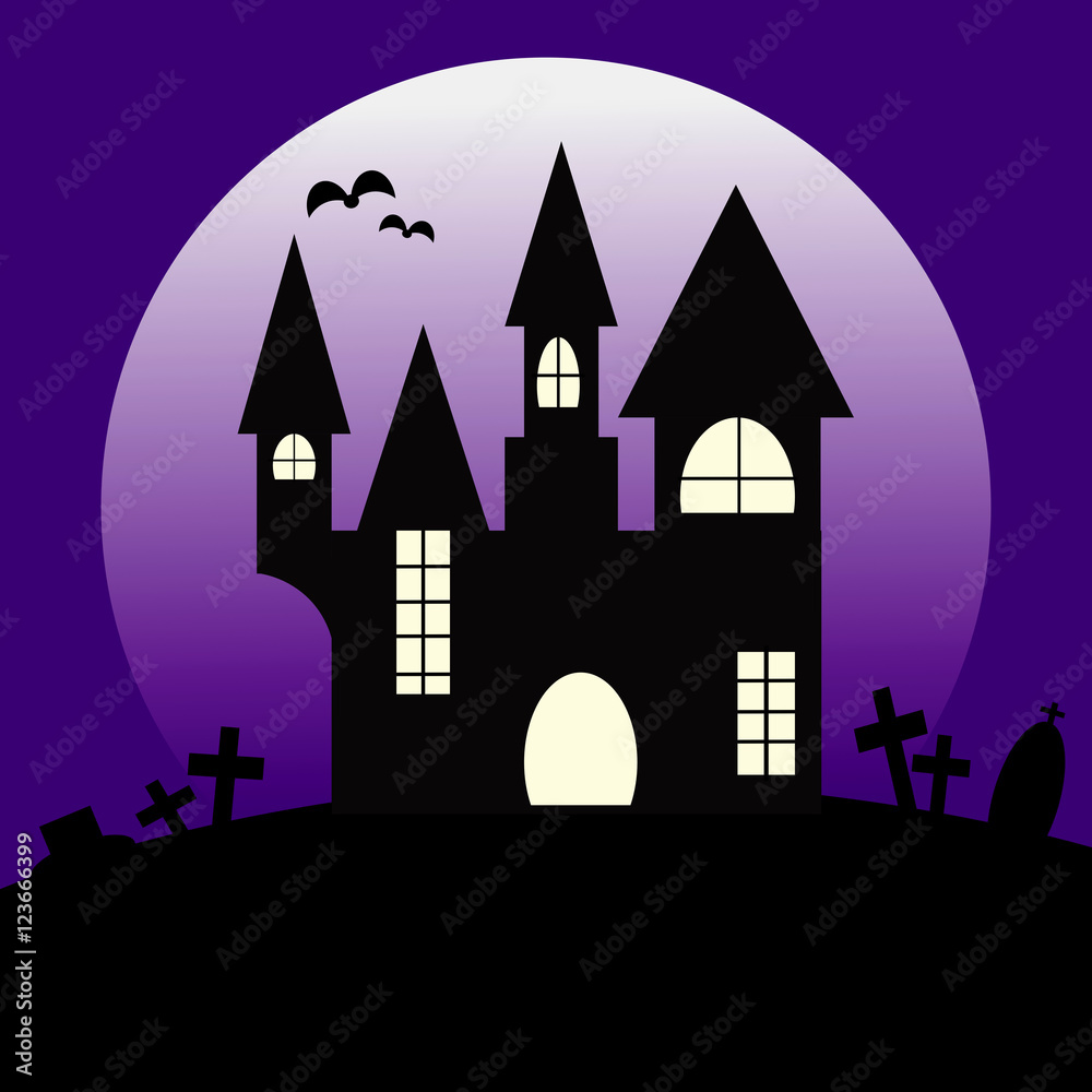 A spooky house near a cemetery with full moon and purple background