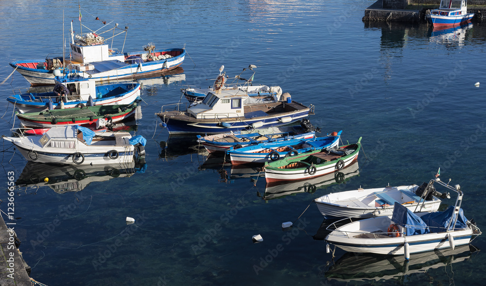 Boats in the small port of Ognina in Catania, Italy.